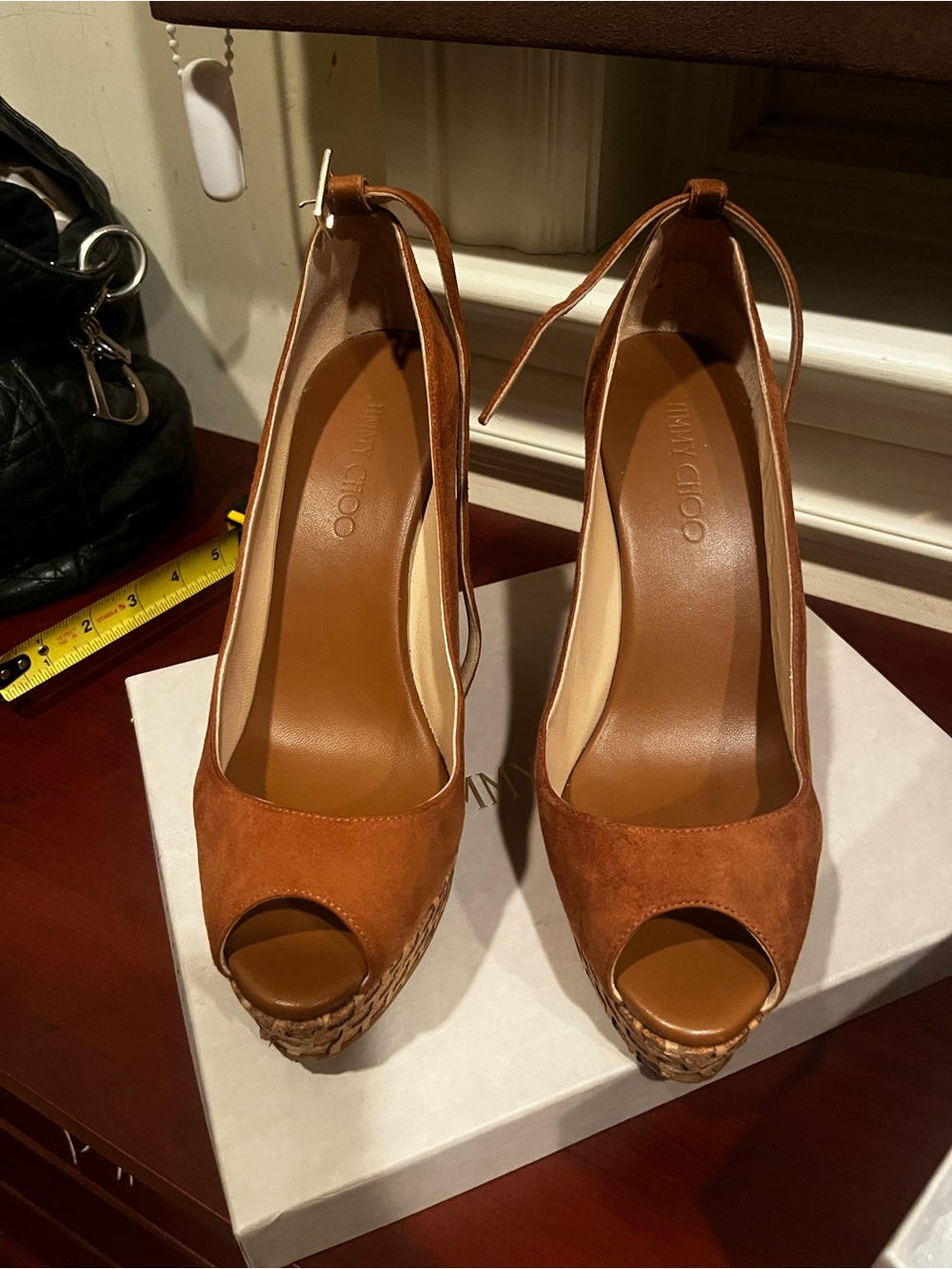 Jimmy Choo Pacific 120 Brown Suede Peep-Toe Wedge Sandals with Ankle Tie sz 40.